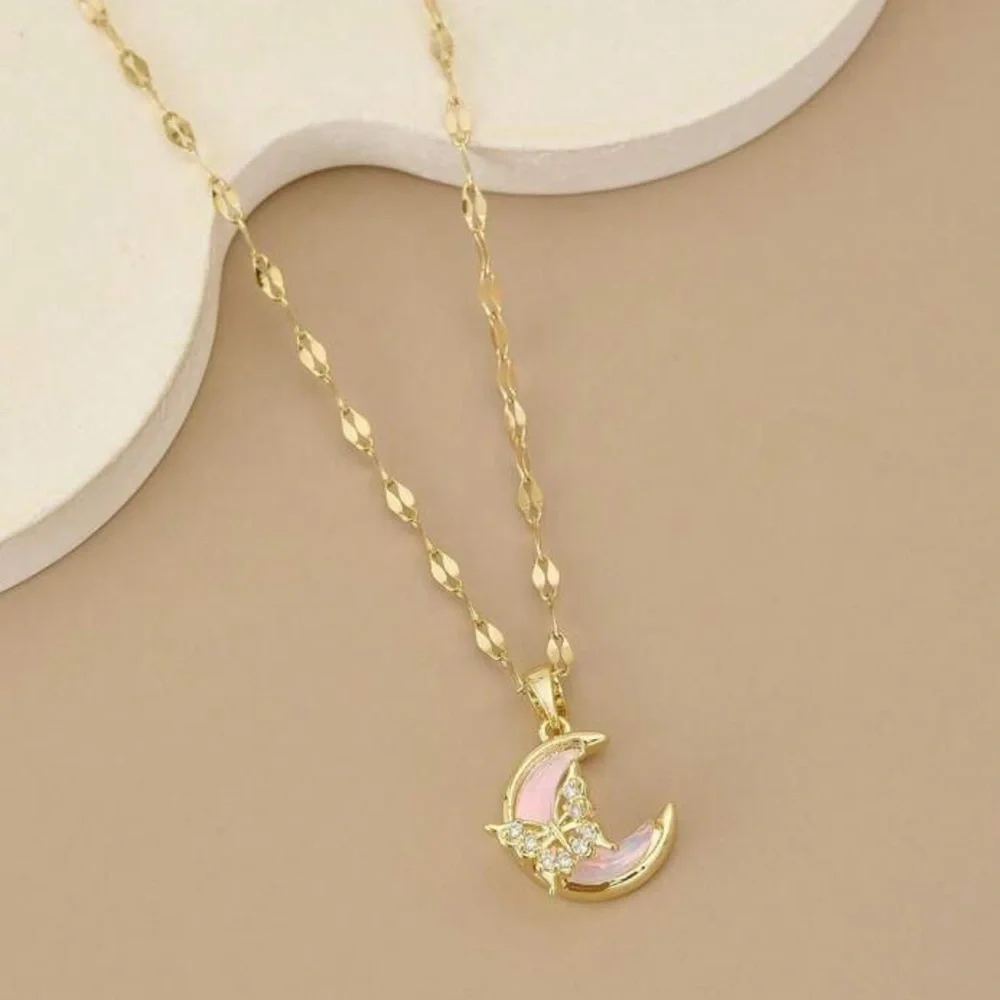 18K Gold Crescent Moon W/ Butterfly Necklace Rose Quartz Pave Diamond Accent
